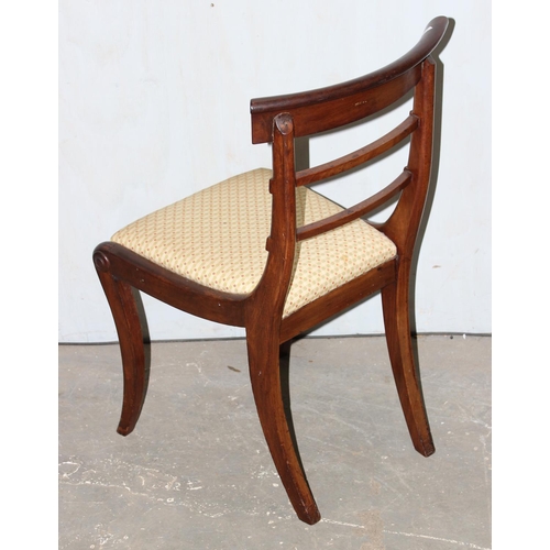 28 - A set of 6 late Regency or William IV rail back mahogany dining chairs with drop in seats and sabre ... 