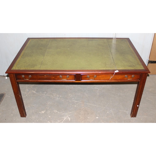42 - A 20th century large 2 drawer mahogany effect library table with tooled leather top