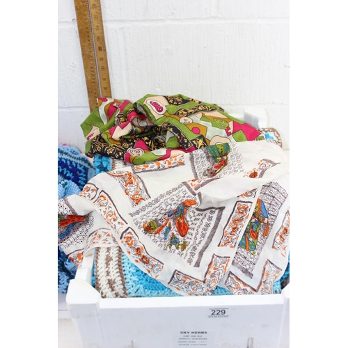 229 - 3 vintage crochet blankets, a crochet skirt and 3 vintage scarves