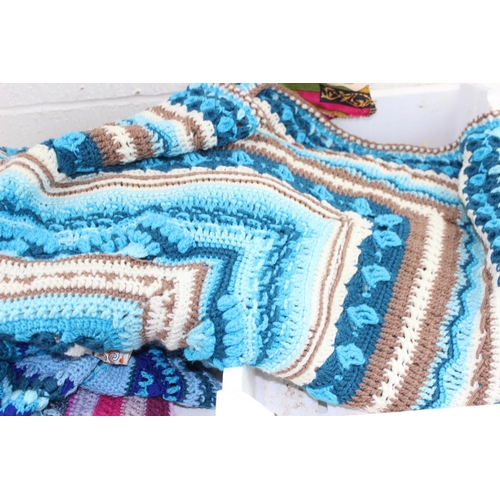 229 - 3 vintage crochet blankets, a crochet skirt and 3 vintage scarves