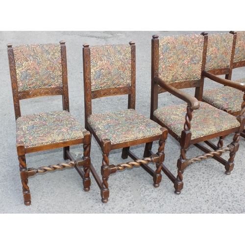 133 - Four vintage chairs with carved details and barley twist supports together with a carver chair