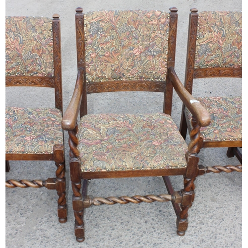 133 - Four vintage chairs with carved details and barley twist supports together with a carver chair