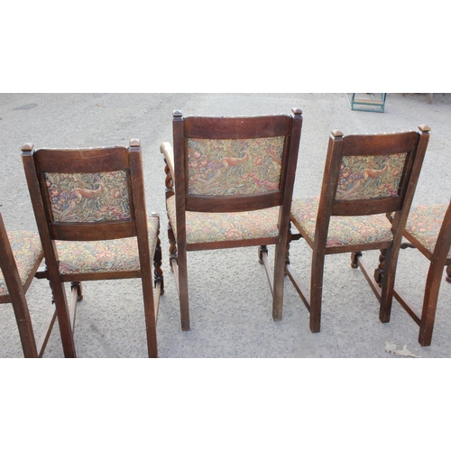 133 - Four vintage chairs with carved details and barley twist supports together with a carver chair