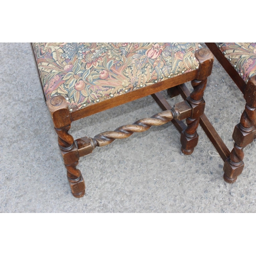 133 - Four vintage chairs with carved details and barley twist supports together with a carver chair