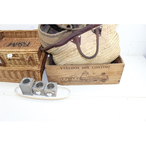 282 - 2 wicker baskets, 2 leather handled bags and a wine box