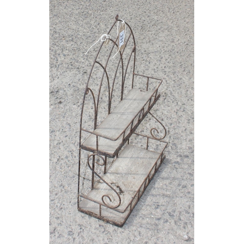 331 - A small vintage wirework and wooden garden wall shelf