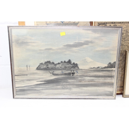549F - Japanese hand painted framed painting on silk of fisherman with Mount Hiroshima in background 54cm x... 