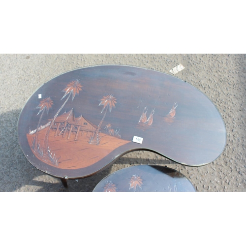 148 - 3 vintage Oriental carved wooden tables with glass tops