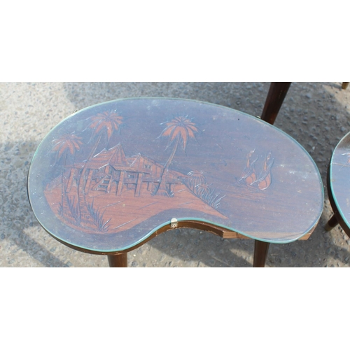 148 - 3 vintage Oriental carved wooden tables with glass tops