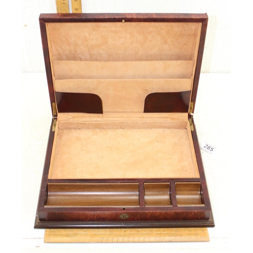 285 - Unusual distressed leather-bound writing/stationery box with fitted suede lined interior and brass f... 