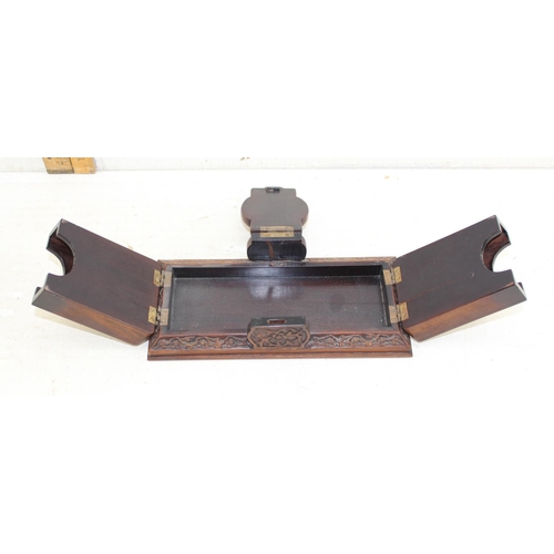 292 - An unusual Chinese carved wooden box with strap hinge, possibly a card or games box, likely early 20... 