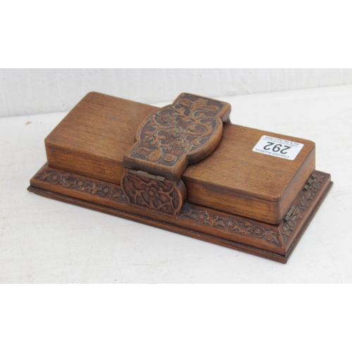 292 - An unusual Chinese carved wooden box with strap hinge, possibly a card or games box, likely early 20... 