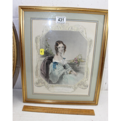 431 - An antique coloured stipple engraving of a female in oval gilt frame, and another similar print