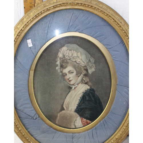 431 - An antique coloured stipple engraving of a female in oval gilt frame, and another similar print