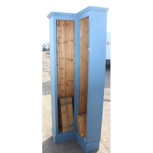 135 - Large blue painted pine corner bookcase
