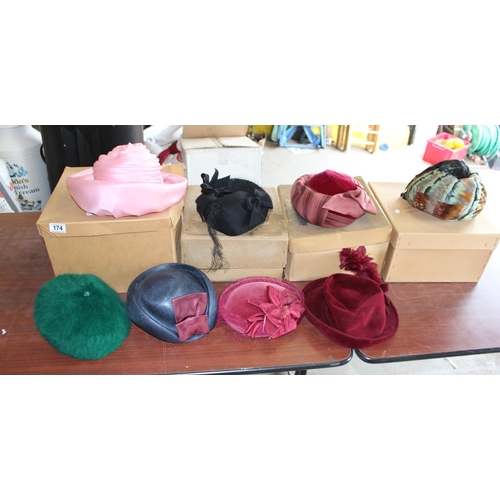 174 - 3 vintage hat boxes and various contents & a vintage colourful feather hat in Madame Beatrice Taylor... 