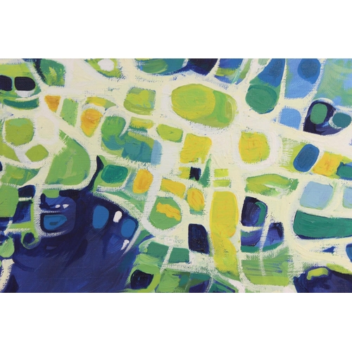 446 - J.M. Saunders (XX), A large oil on board in a blue and green palette. unsigned but almost certainly ... 