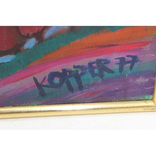 447 - Oil on canvas of a village scene with a bright palette and modern twist, signed & dated lower right ... 