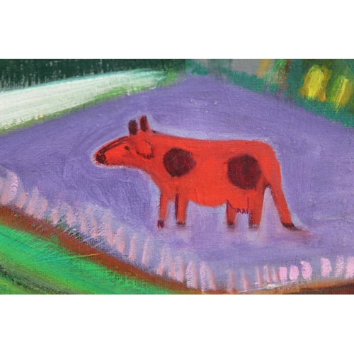 447 - Oil on canvas of a village scene with a bright palette and modern twist, signed & dated lower right ... 