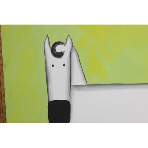 448 - Large modern oil on canvas of a white horse on green background. Signed to frame A. Rohdi?