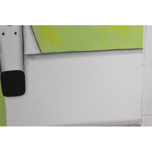 448 - Large modern oil on canvas of a white horse on green background. Signed to frame A. Rohdi?