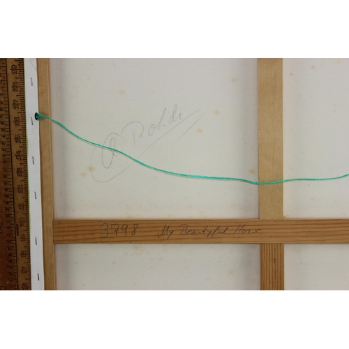 448 - Large modern oil on canvas of a white horse on green background. Signed to frame A. Rohdi?