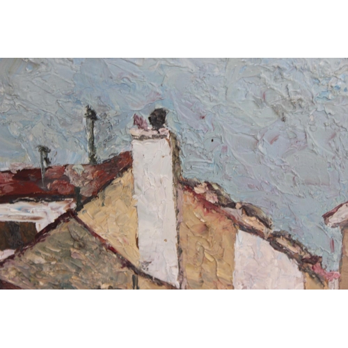 472A - Textured oil on board of a continental village scene, unsigned.