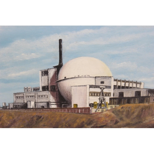 473 - Detailed oil on board of the Dounreay Fast Reactor, Caithness Scotland, signed W.J. Holmes