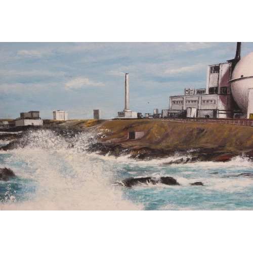 473 - Detailed oil on board of the Dounreay Fast Reactor, Caithness Scotland, signed W.J. Holmes