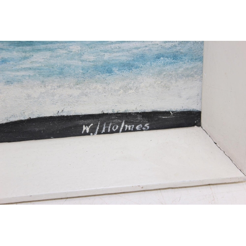 473 - Detailed oil on board of the Dounreay Fast Reactor, Caithness Scotland, signed W.J. Holmes