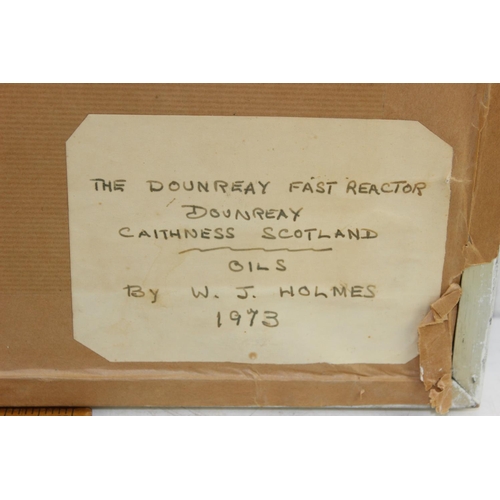 473 - Detailed oil on board of the Dounreay Fast Reactor, Caithness Scotland, signed W.J. Holmes