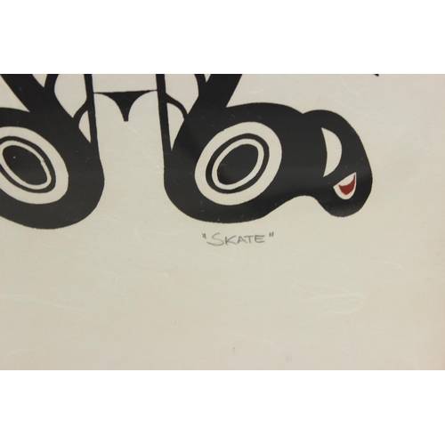 480 - A tribal style screen print titled 'SKATE', unsigned.