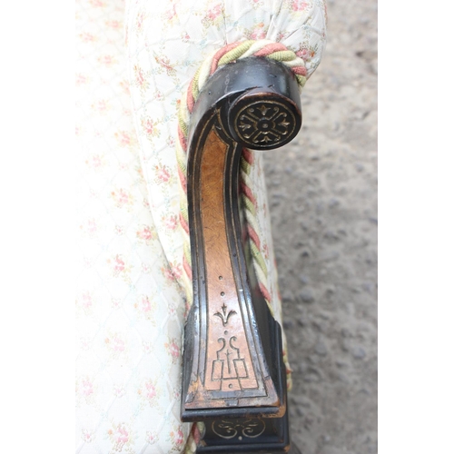 123 - Antique ebonised armchair, likely French 19th century, with Amboyna inlay