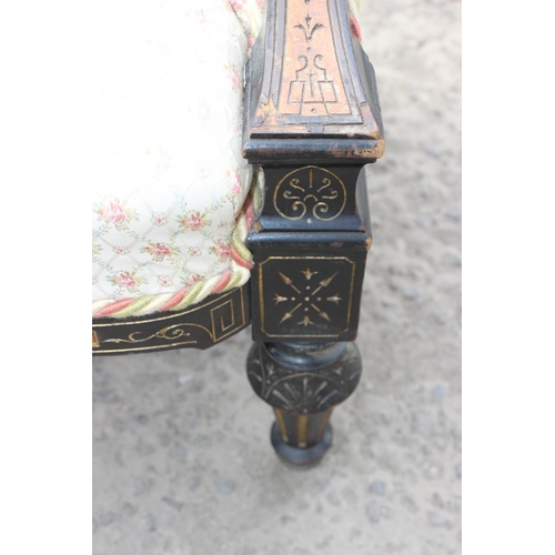 123 - Antique ebonised armchair, likely French 19th century, with Amboyna inlay