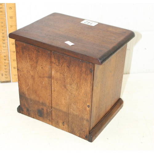 142 - A small antique wooden 3 drawer collectors chest with brass handles