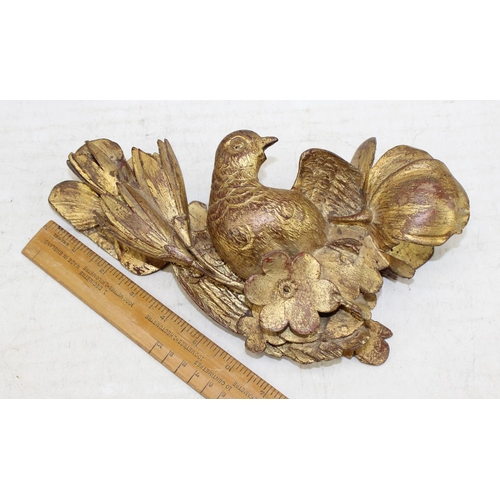 283 - Antique gilt limewood carving of a bird amongst foliage, likely 19th century