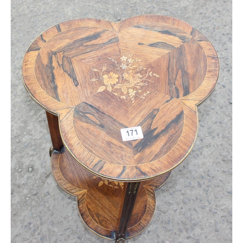 171 - Antique Rosewood 2 tier trefoil shaped side table with floral marquetry inlay and brass edge details