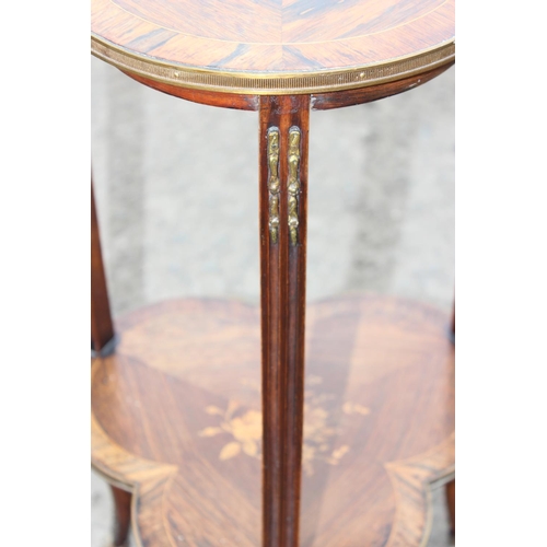 171 - Antique Rosewood 2 tier trefoil shaped side table with floral marquetry inlay and brass edge details