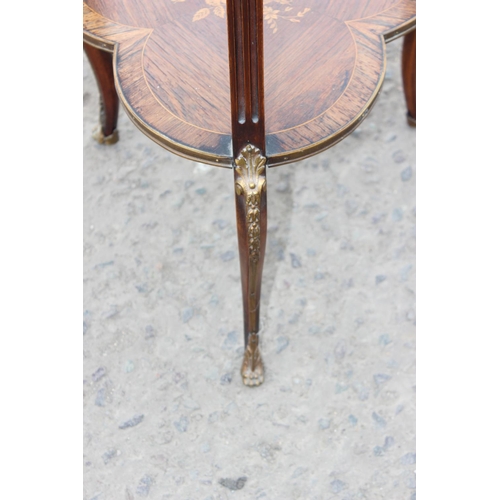 171 - Antique Rosewood 2 tier trefoil shaped side table with floral marquetry inlay and brass edge details
