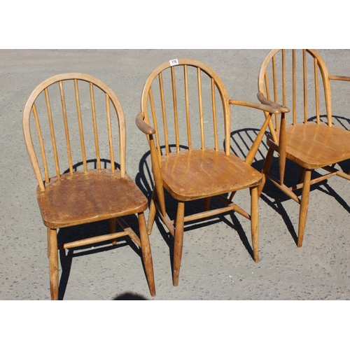 176 - A set of 4 early Ercol hoop back chars, 2 dining & 2 carver, unusual printed label and stamped 290
