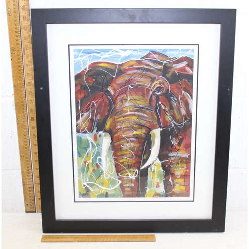 450 - A colourful African school acrylic or gouache painting of an elephant, indistinctly signed and dated... 