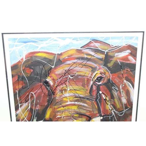 450 - A colourful African school acrylic or gouache painting of an elephant, indistinctly signed and dated... 