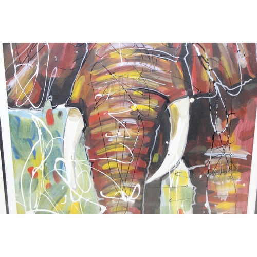 450 - A colourful African school acrylic or gouache painting of an elephant, indistinctly signed and dated... 