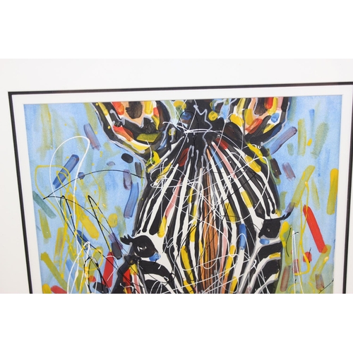 450a - A colourful African school acrylic or gouache painting of a Zebra, indistinctly signed and dated low... 