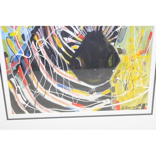 450a - A colourful African school acrylic or gouache painting of a Zebra, indistinctly signed and dated low... 