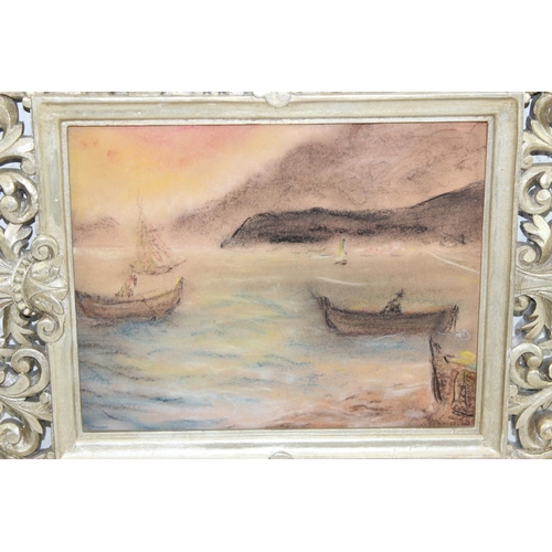 455a - Vintage pastel of boats at sunset, unsigned in impressive frame