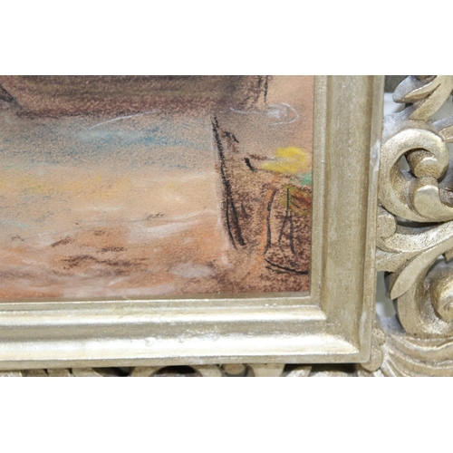 455a - Vintage pastel of boats at sunset, unsigned in impressive frame