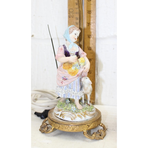 258 - A pair of porcelain figural table lamps formed as girls with sheep, with gilt metal mounts
