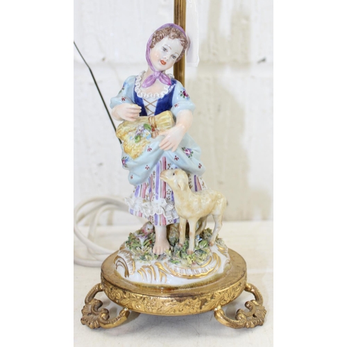 258 - A pair of porcelain figural table lamps formed as girls with sheep, with gilt metal mounts