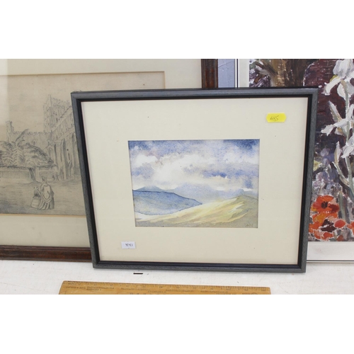 485 - 3 original artworks to include an antique pencil of St Alban Abbey with Rowley Gallery label, a flor... 